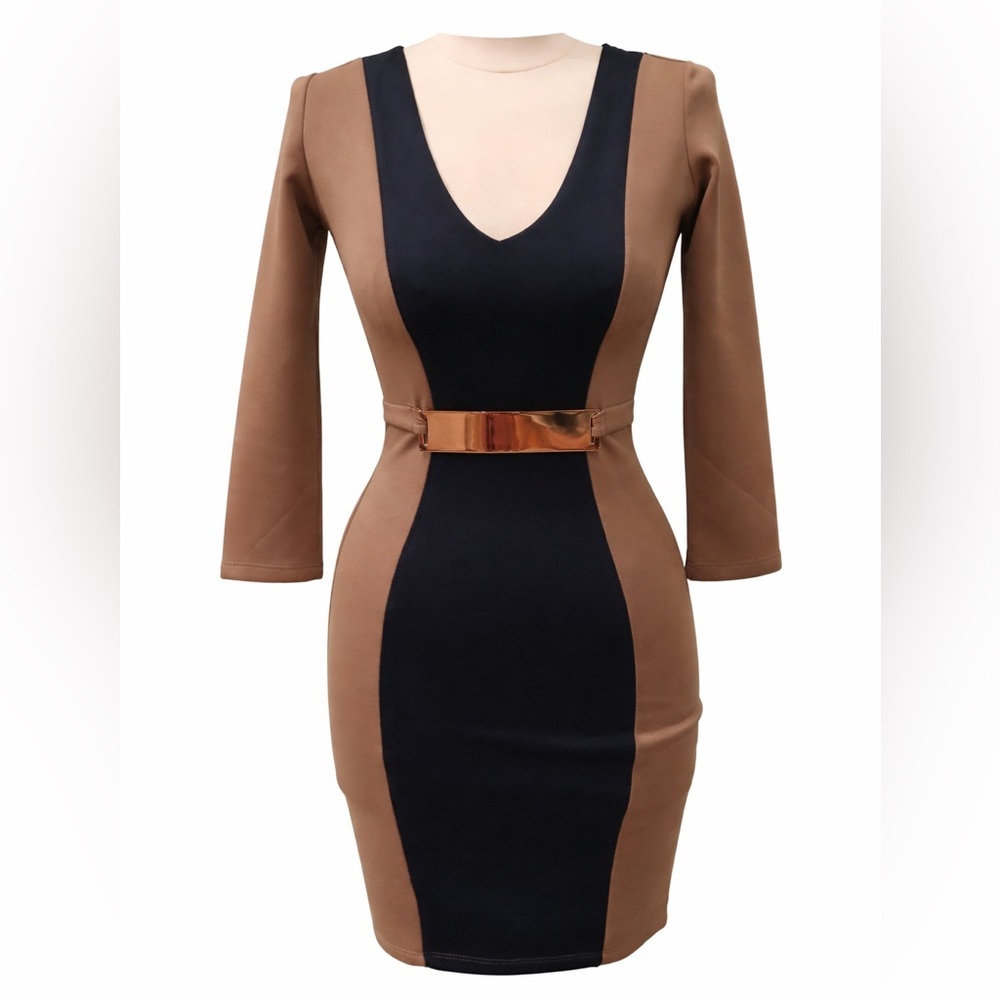 UK2LA Bodycon Dress Medium Brown Black Colorblock Belted Sheath V Neck
